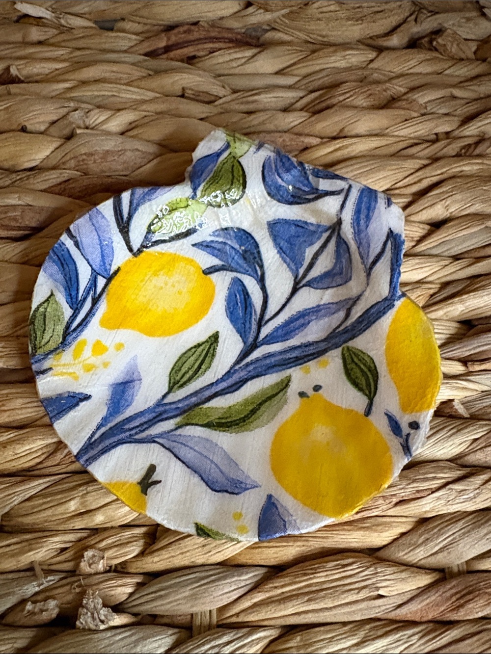 Hand Crafted Yellow & Blue Lemon Shell Accent Dish